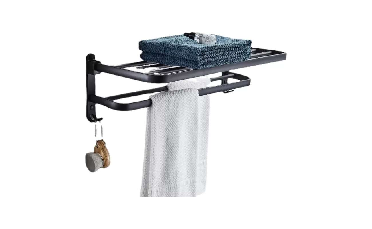 Toallero Plegable de Pared Doble con Repisa y Gancho Aluminio Negro
